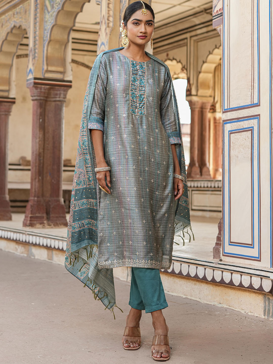 

SCAKHI Ethnic Motifs Embroidered Sequinned Chanderi Silk Kurta With Trousers & Dupatta, Teal