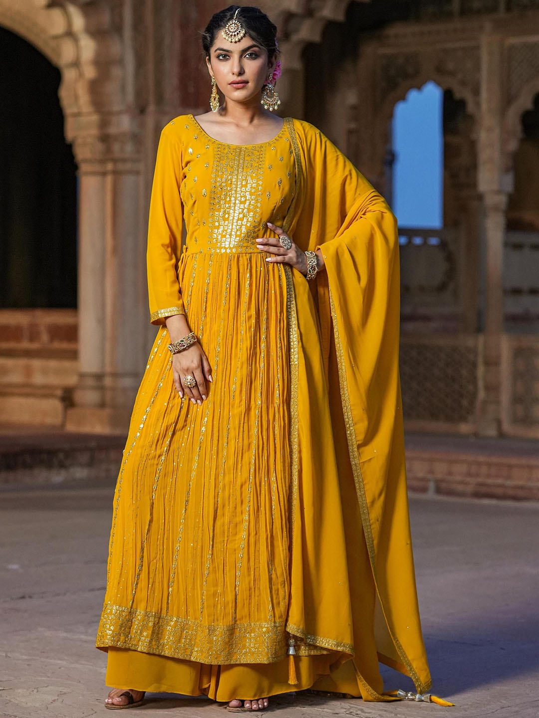 

SCAKHI Embroidered High Slit Sequinned A-Line Kurta with Palazzos & Dupatta, Mustard