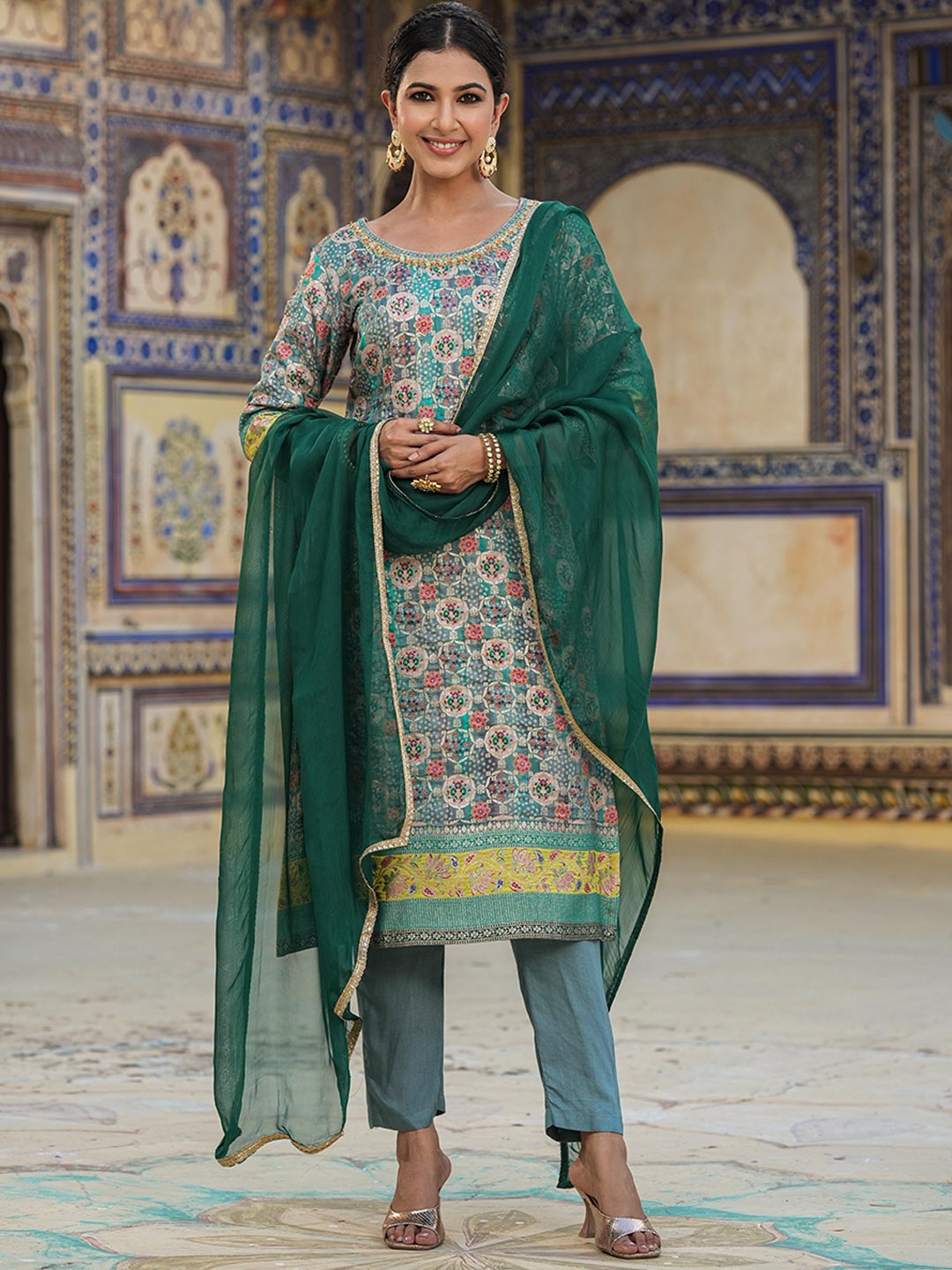 

SCAKHI Ethnic Motifs Printed Thread Work Pure Silk Straight Kurta & Trouser With Dupatta, Teal