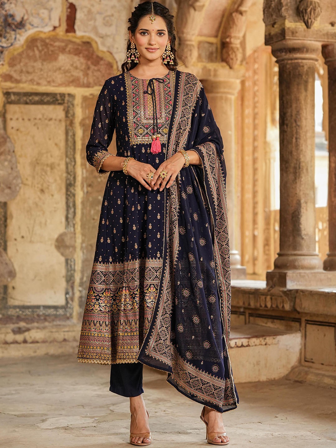 

SCAKHI Ethnic Motifs Yoke Design Thread Work Anarkali Kurta With Trousers & Dupatta, Navy blue