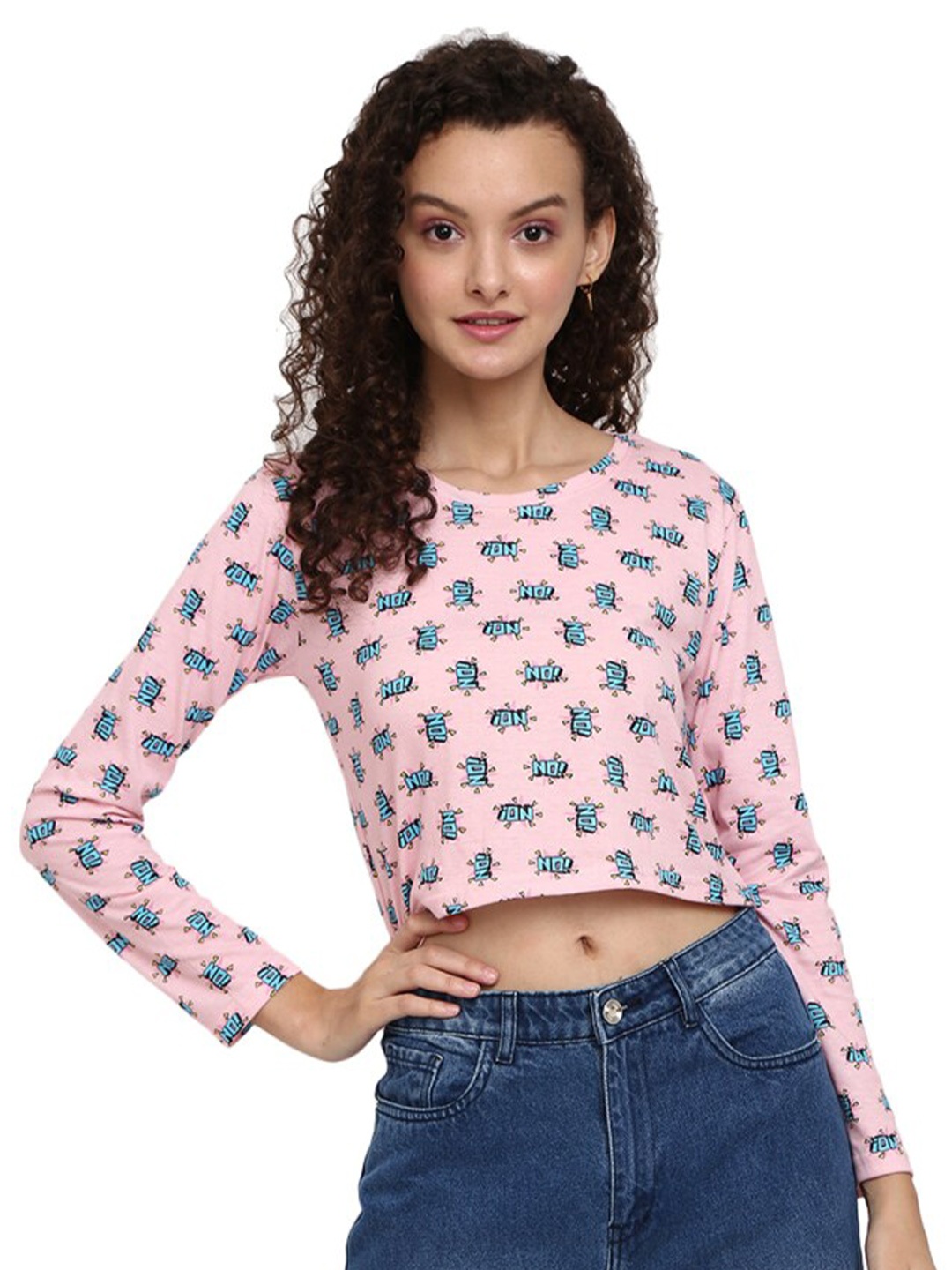 

V-Mart Typography Printed Round Neck Cotton Crop Boxy Top, Pink