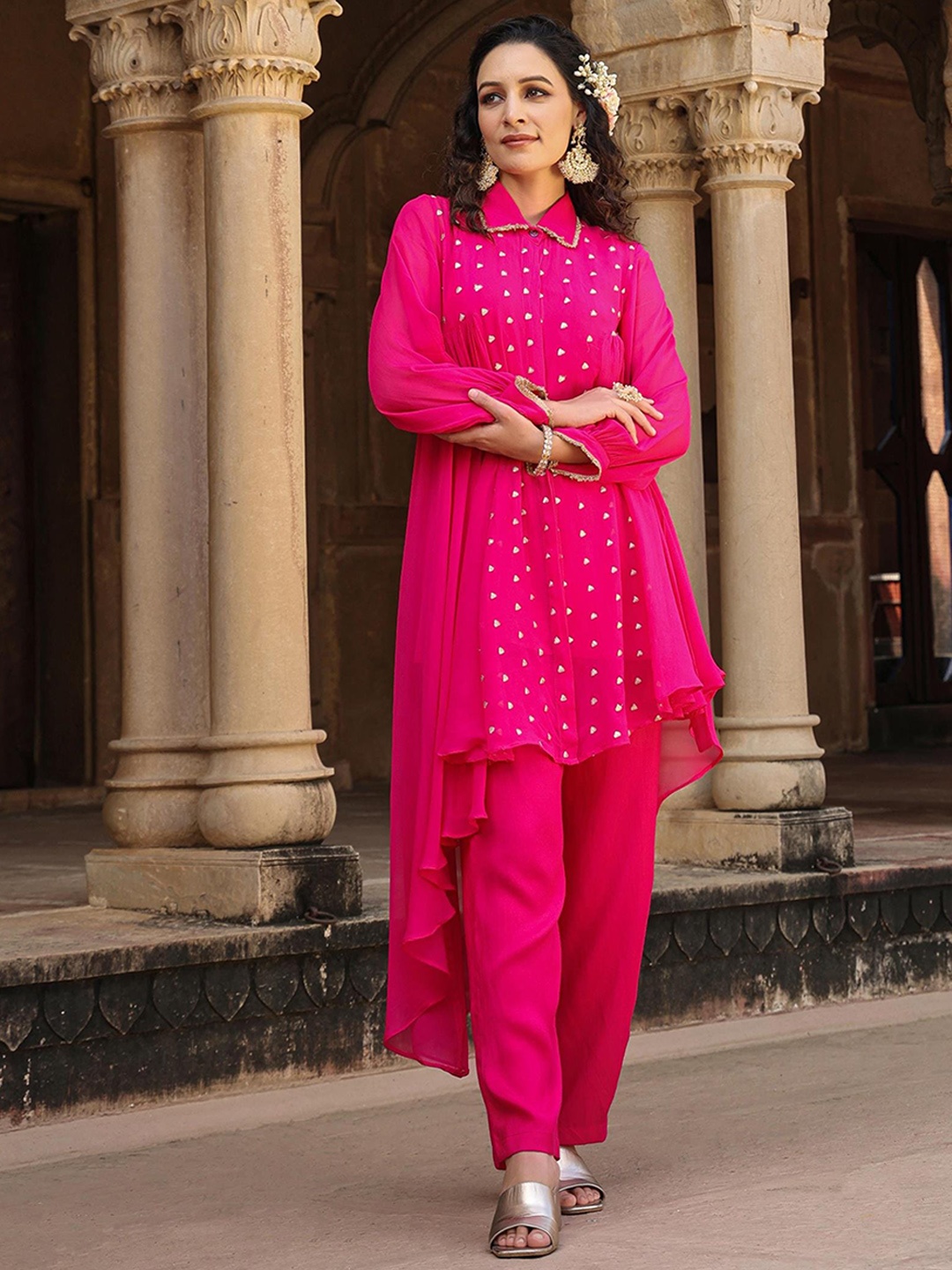 

SCAKHI Shirt Collar Ethnic Tunic & Trousers, Pink