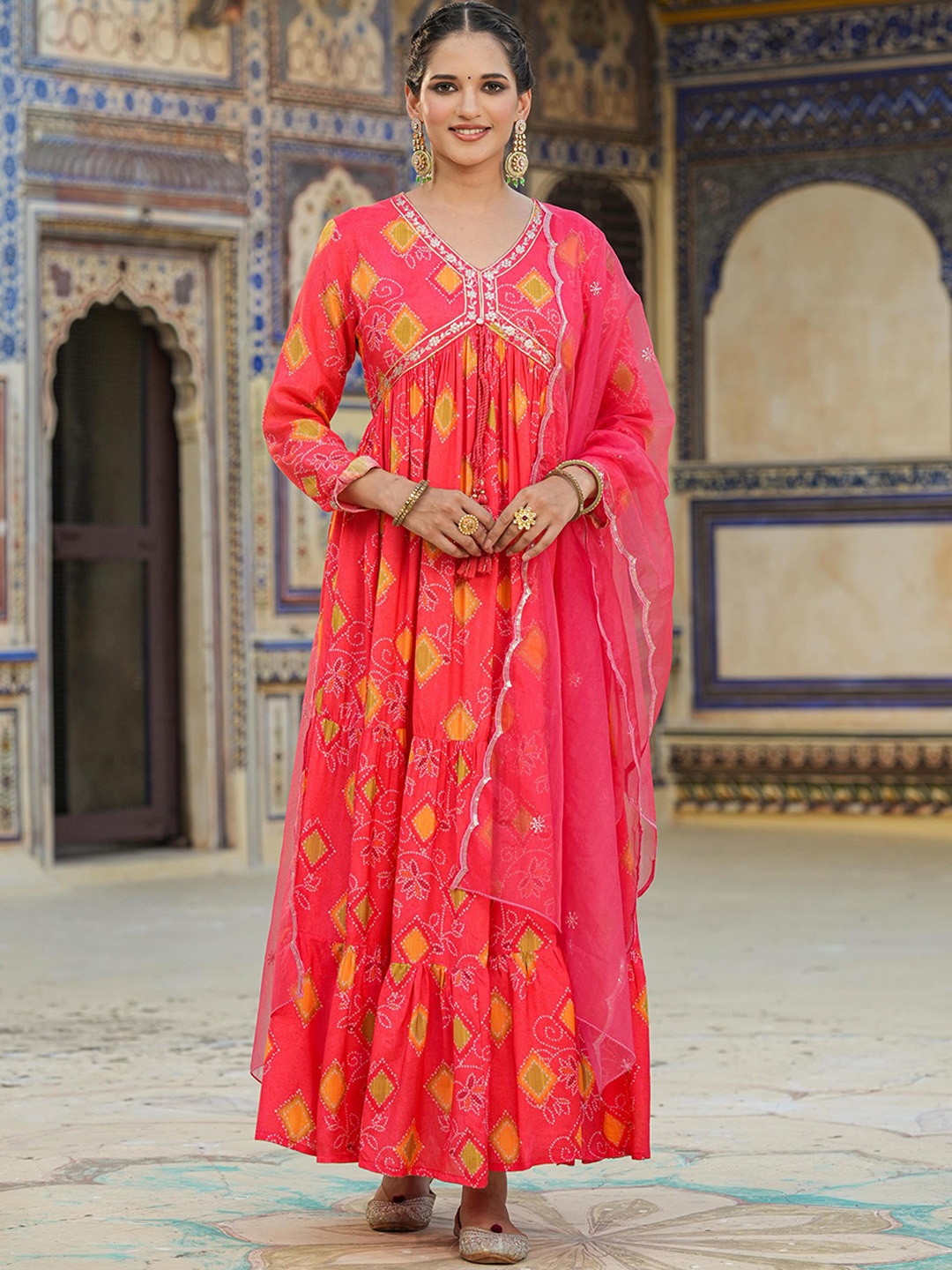 

SCAKHI Bandhani Printed Gathered Silk Maxi Ethnic Dresses, Orange