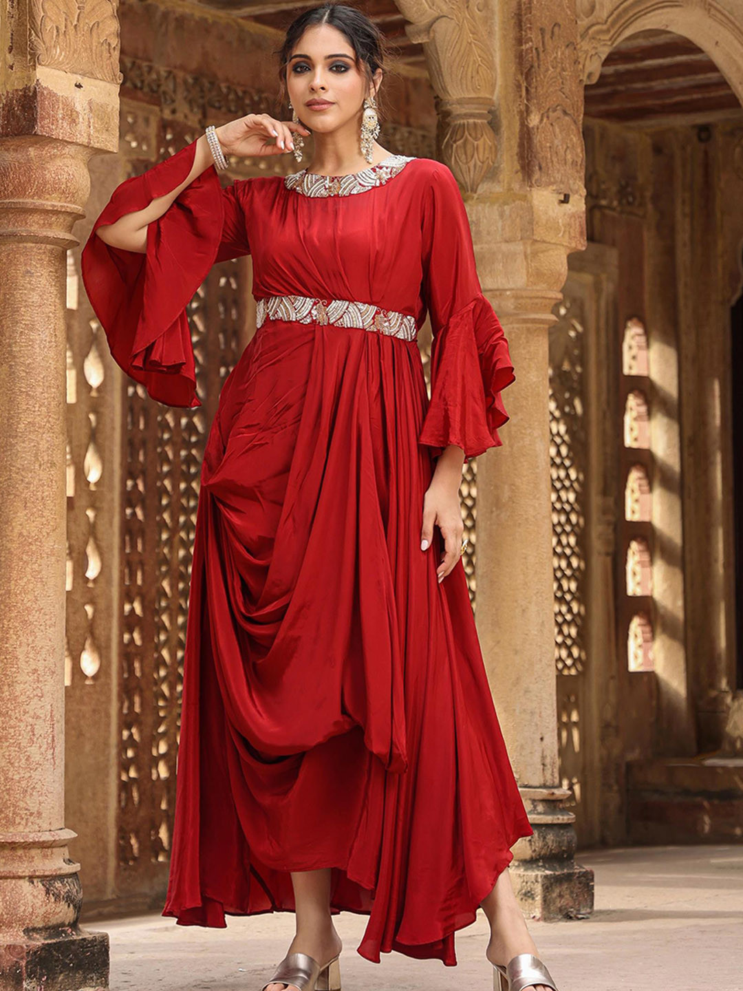 

SCAKHI Embellished Bell Sleeves Gown With Belt, Maroon