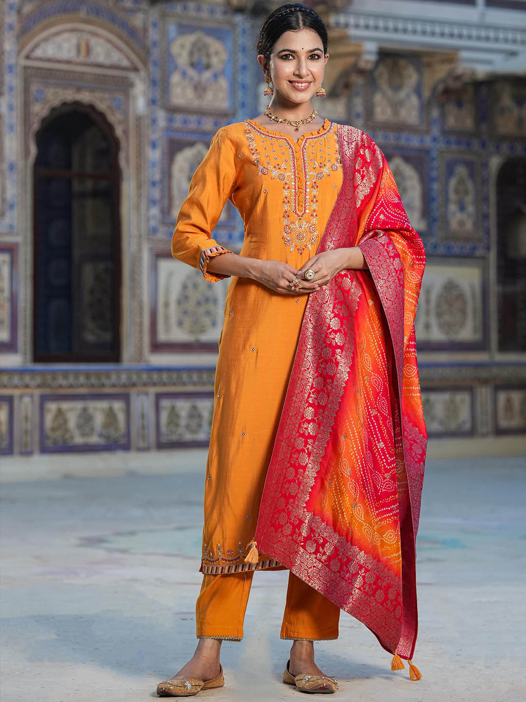 

SCAKHI Floral Embroidered Zari Regular Kurta with Trousers & With Dupatta, Mustard