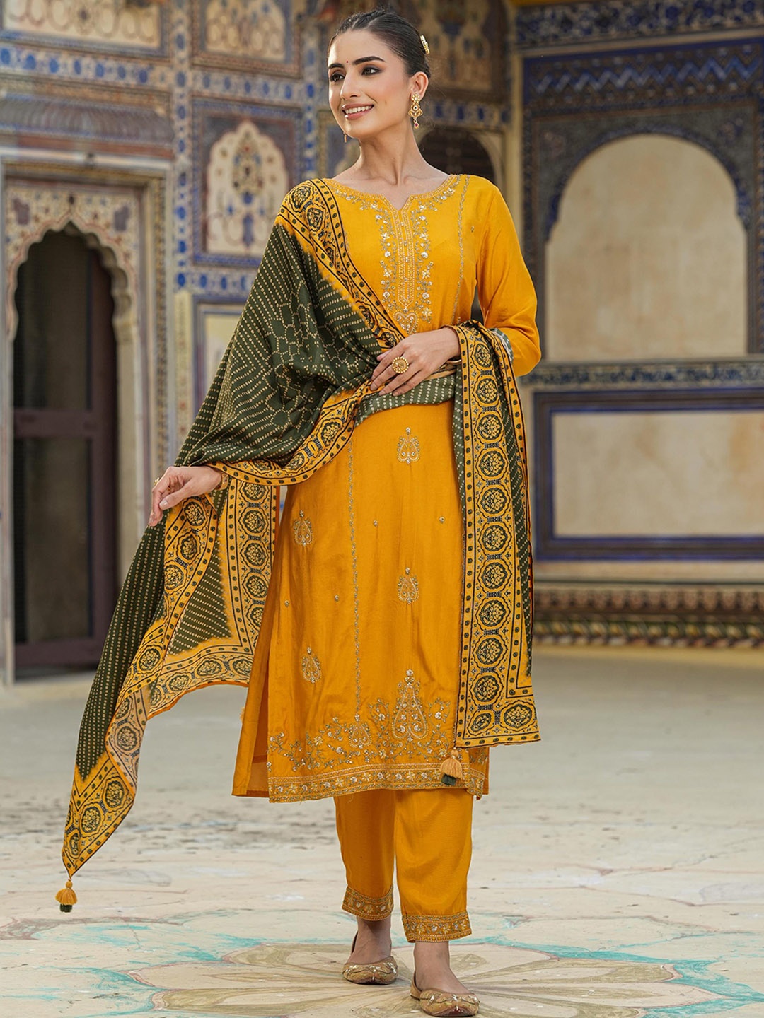 

SCAKHI Floral Embroidered Beads Detail Dola Silk Kurta with Trousers & Bandhani Dupatta, Mustard