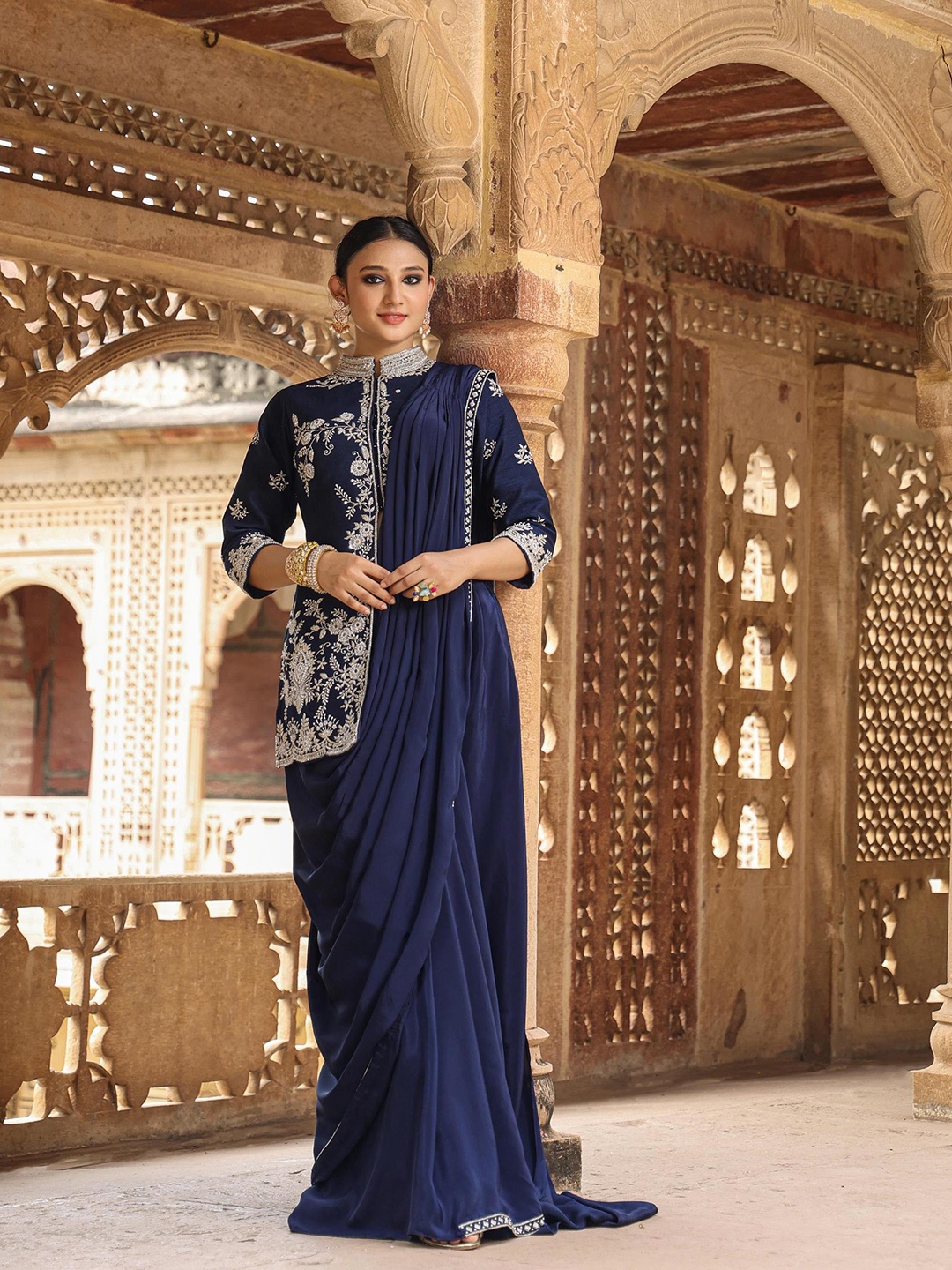 

SCAKHI Ethnic Motifs Embellished Pure Crepe Ready to Wear Saree, Navy blue