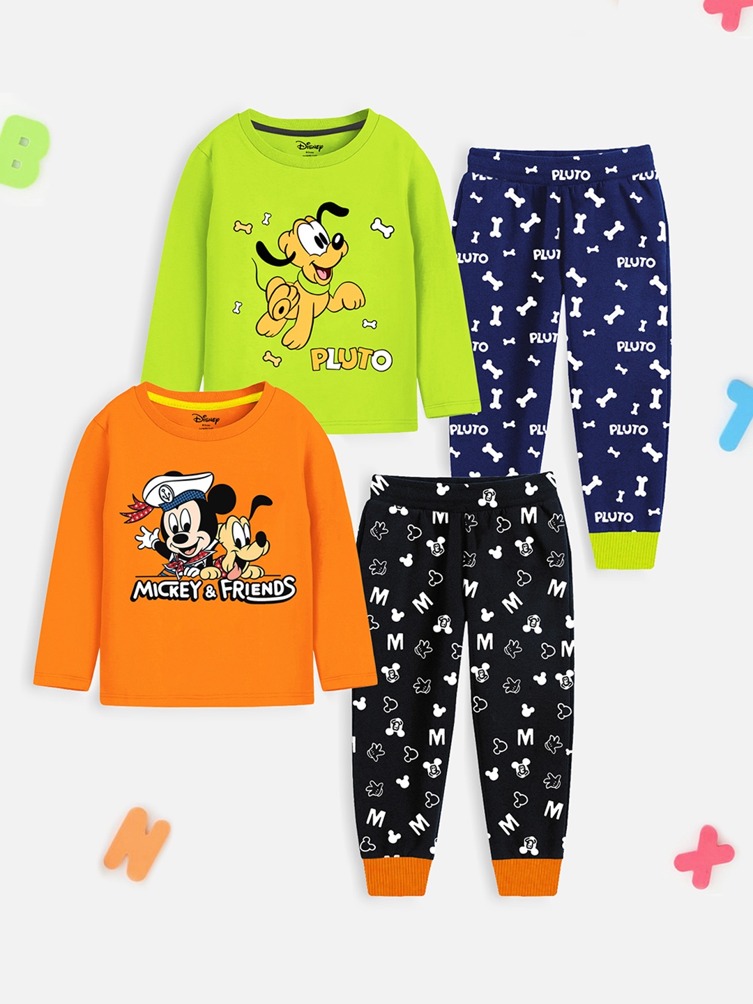 

YK Disney Boys Pack Of 2 Mickey & Friends Printed T-shirt With Pyjamas, Orange