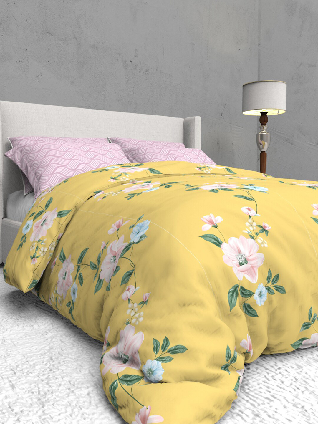 

THE WHITE MOSS Yellow & White Floral 400 TC Queen Bedsheet with 2 Pillow Covers