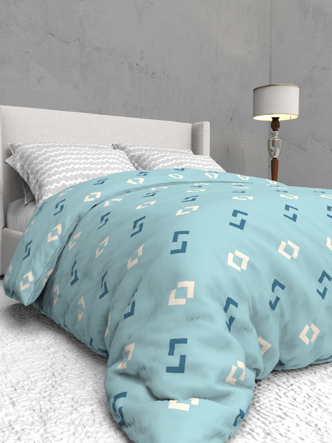 

THE WHITE MOSS Blue & White Geometric 400 TC Queen Bedsheet with 2 Pillow Covers