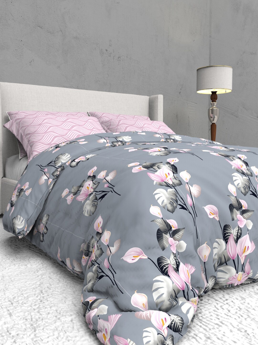 

THE WHITE MOSS Grey & Pink Floral 400 TC Queen Bedsheet with 2 Pillow Covers