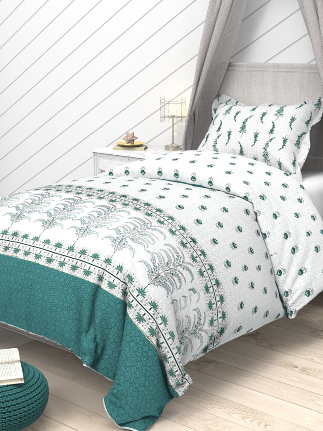 

THE WHITE MOSS Blue & White Floral Cotton 144 TC 2 Single Bedsheet With 2 Pillow Covers