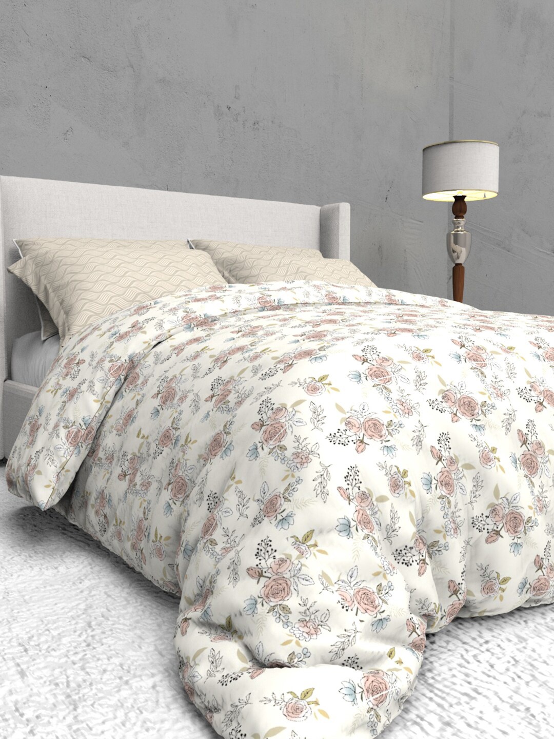 

THE WHITE MOSS White & Pink Floral 400 TC Queen Bedsheet with 2 Pillow Covers