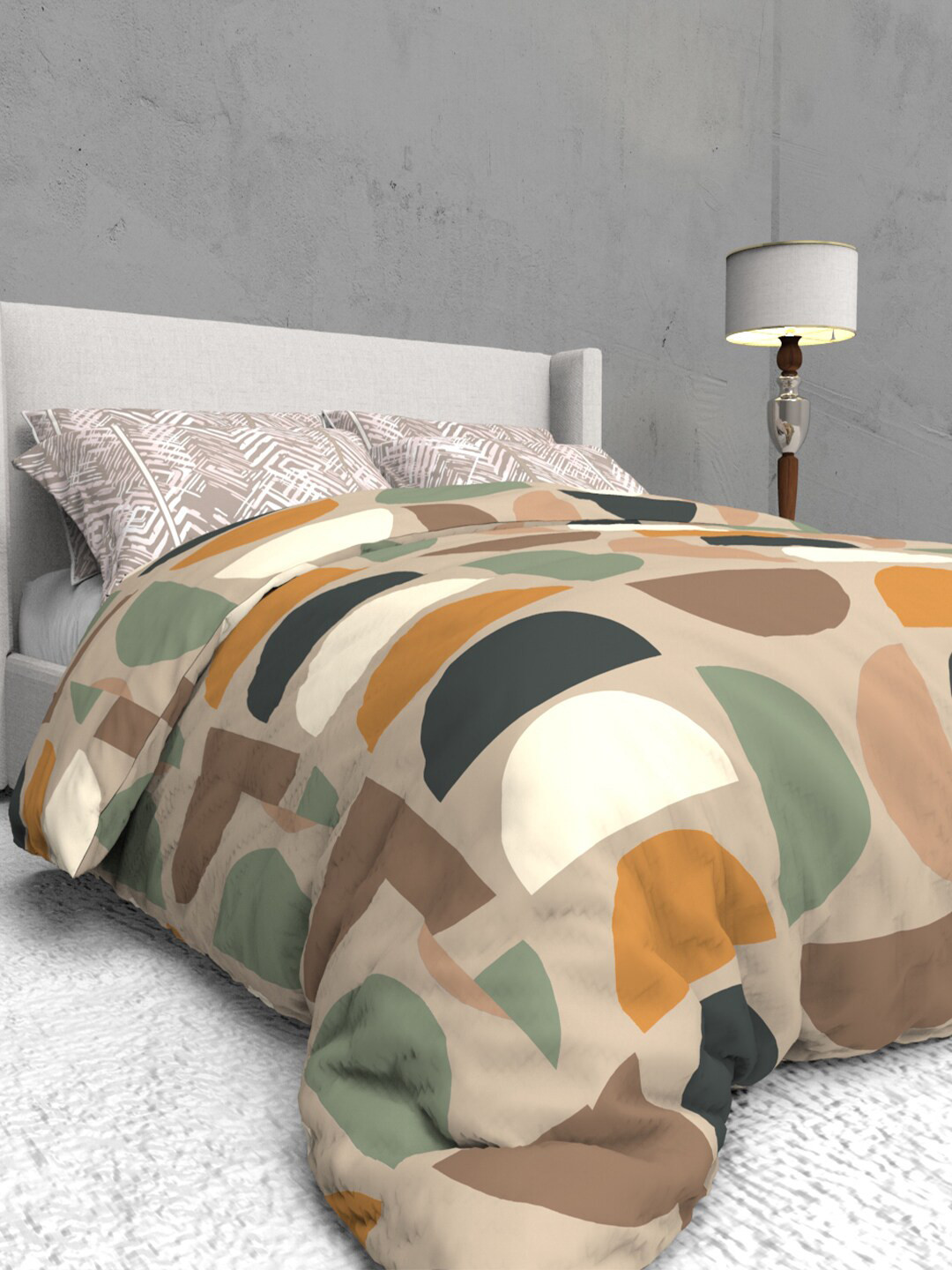 

THE WHITE MOSS White & Brown Geometric 400 TC Queen Bedsheet with 2 Pillow Covers