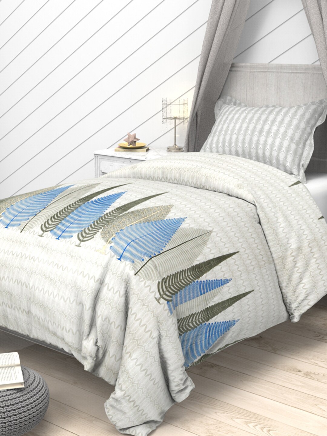 

THE WHITE MOSS White & Grey Cotton 144 TC 2 Single Bedsheet with 2 Pillow Covers