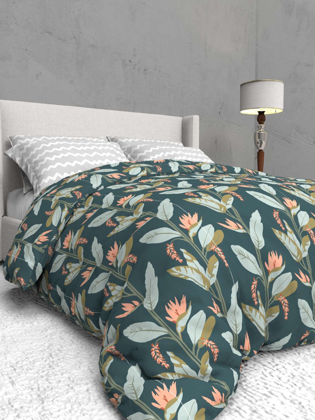 

THE WHITE MOSS Green & Blue Floral 400 TC Queen Bedsheet with 2 Pillow Covers