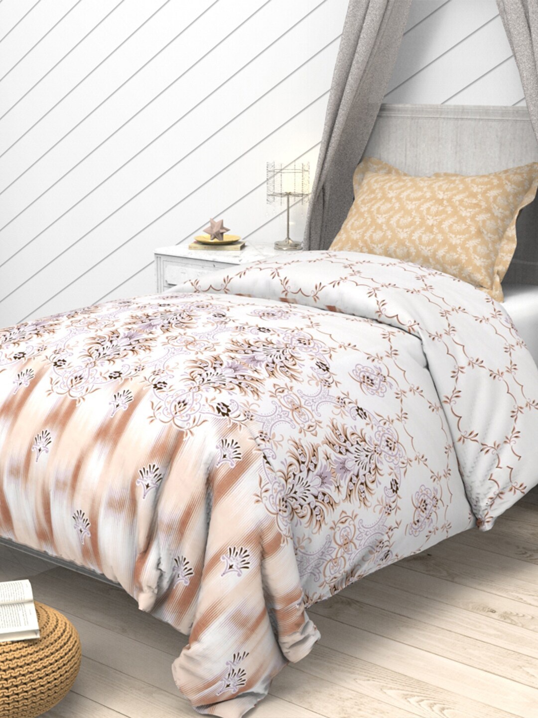 

THE WHITE MOSS Brown & White Floral Cotton 144 TC 2 Single Bedsheet With 2 Pillow Covers