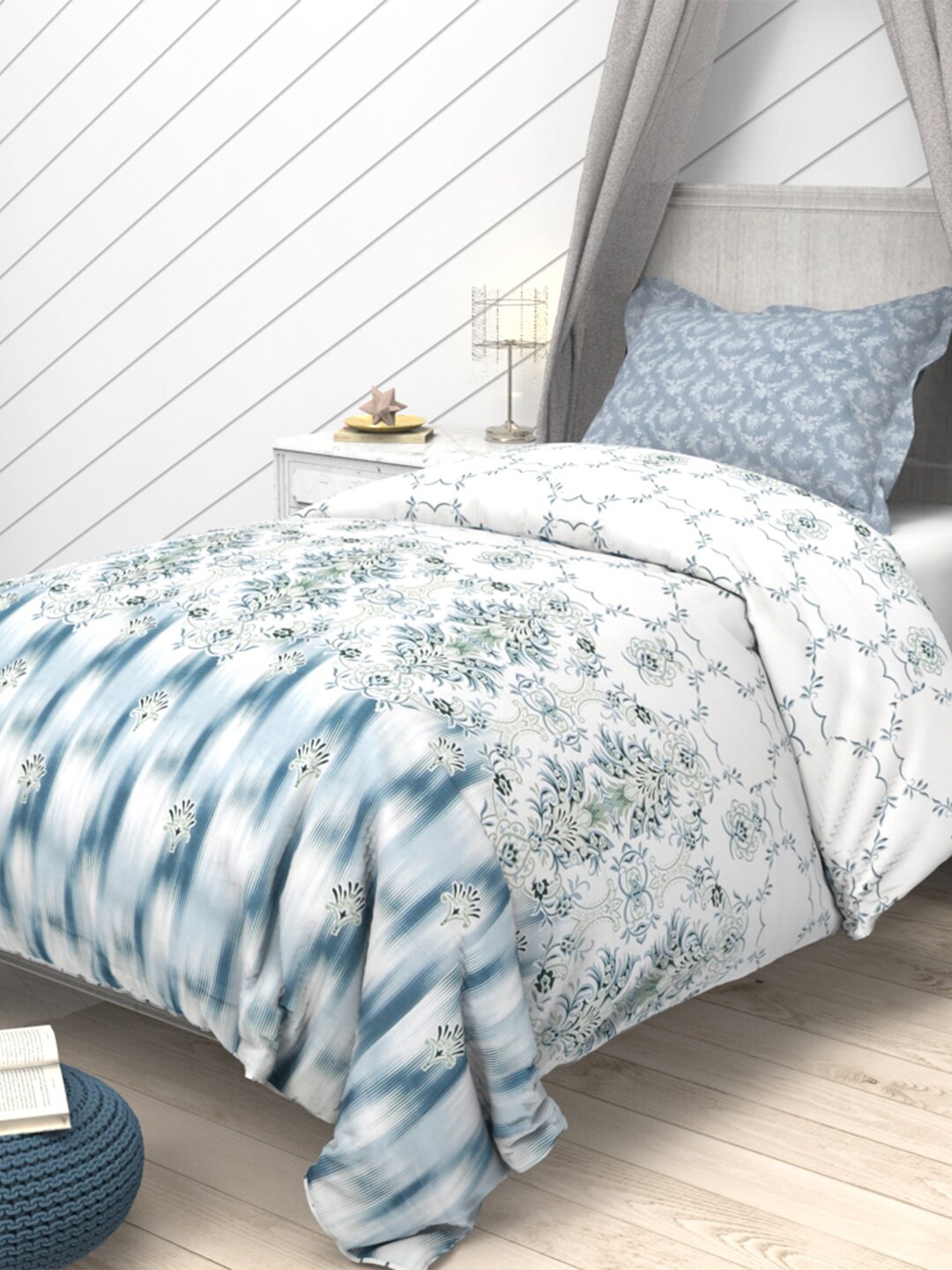 

THE WHITE MOSS White & Blue Cotton 144 TC 2 Single Bedsheet with 2 Pillow Covers