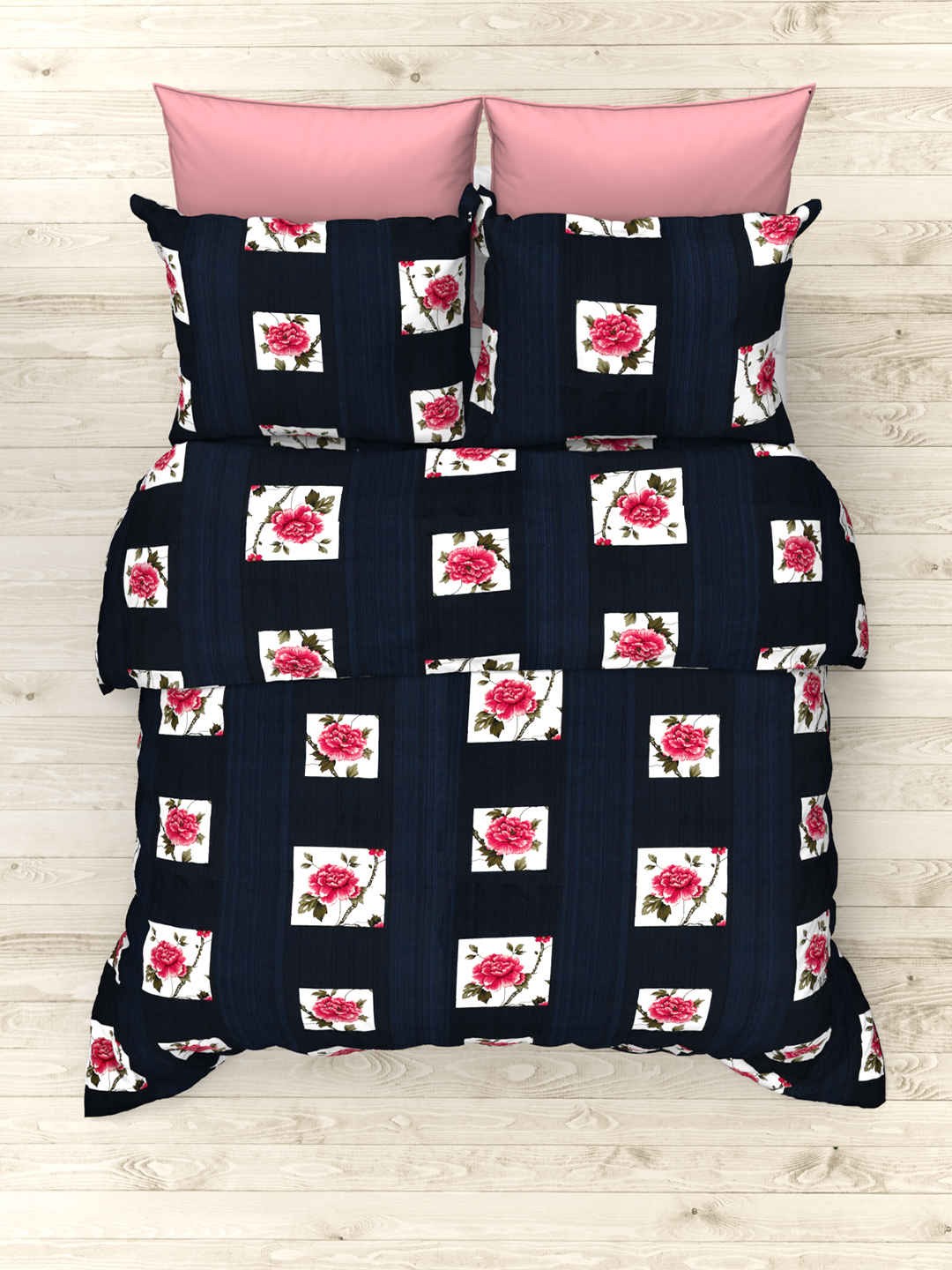 

THE WHITE MOSS Navy Blue & White Floral Cotton 160 TC King Bedsheet with 2 Pillow Covers