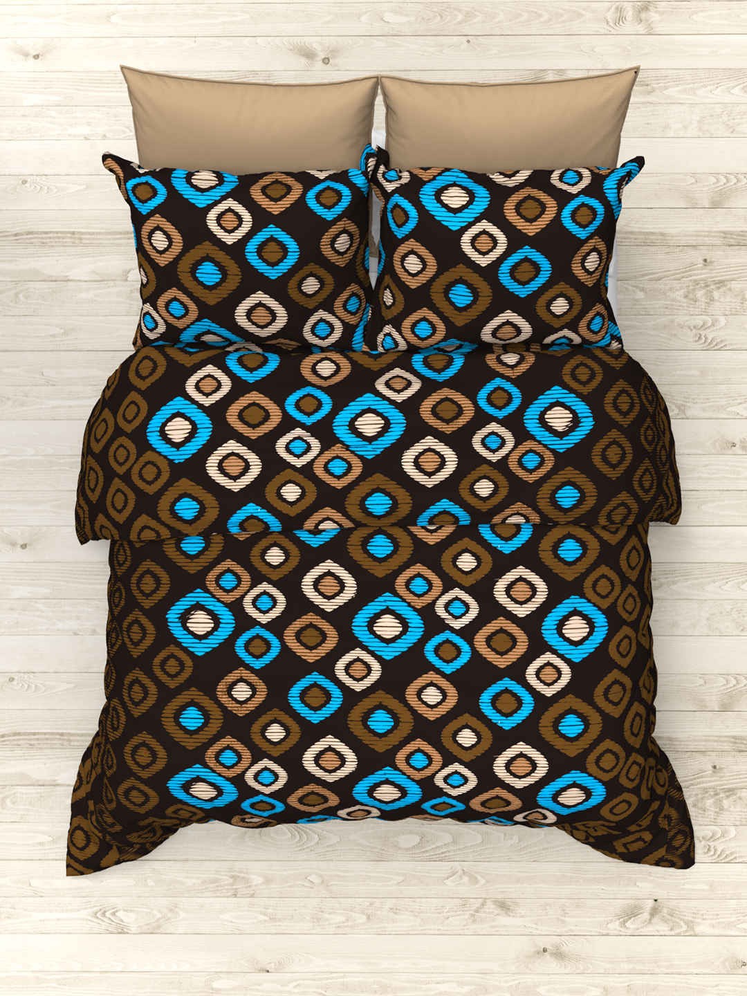 

THE WHITE MOSS Coco Blue & Beige Geometric Cotton 160 TC King Bedsheet & 2 Pillow Covers