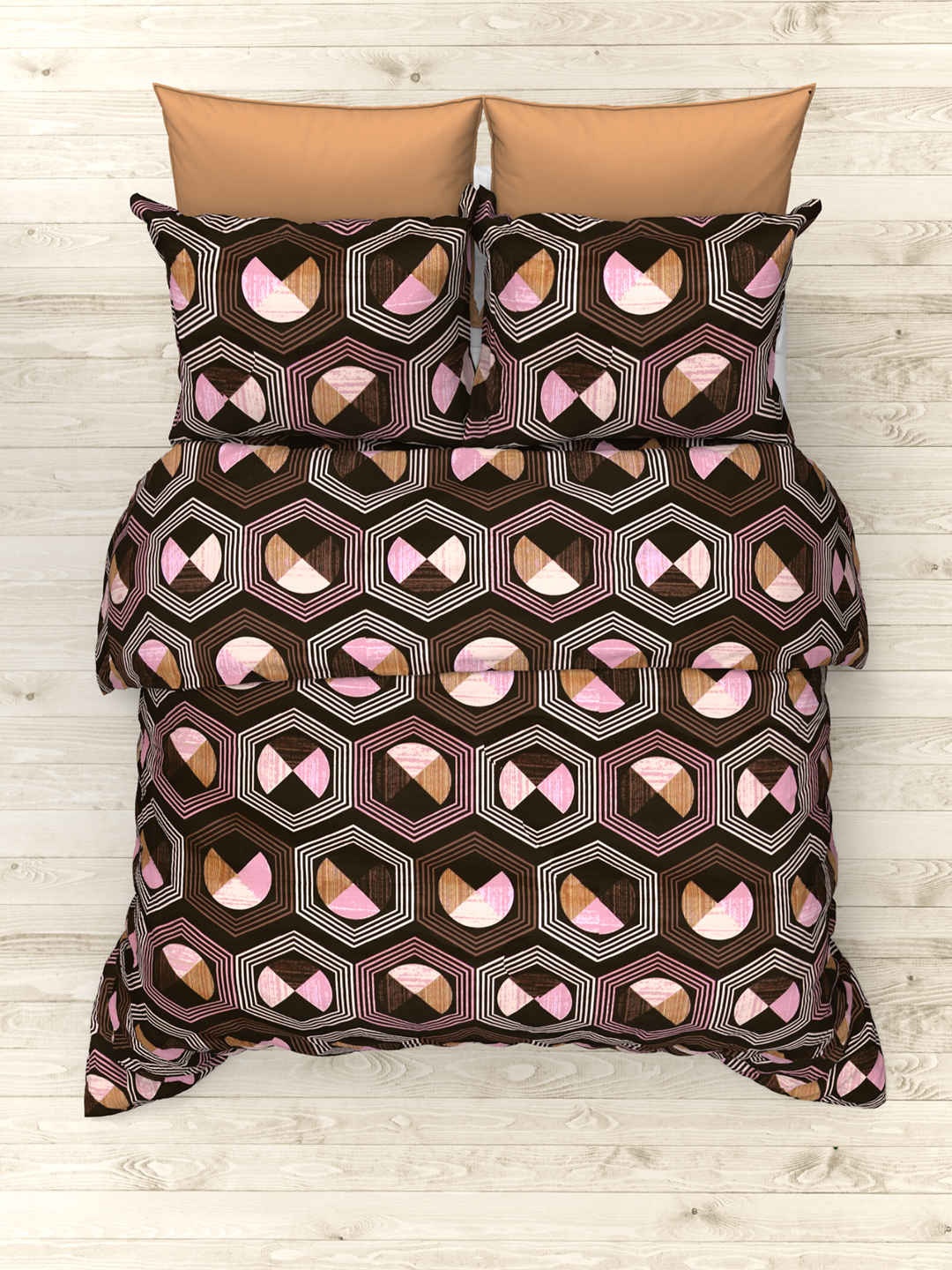 

THE WHITE MOSS Brown & Pink Geometric Cotton 160 TC King Bedsheet With 2 Pillow Covers