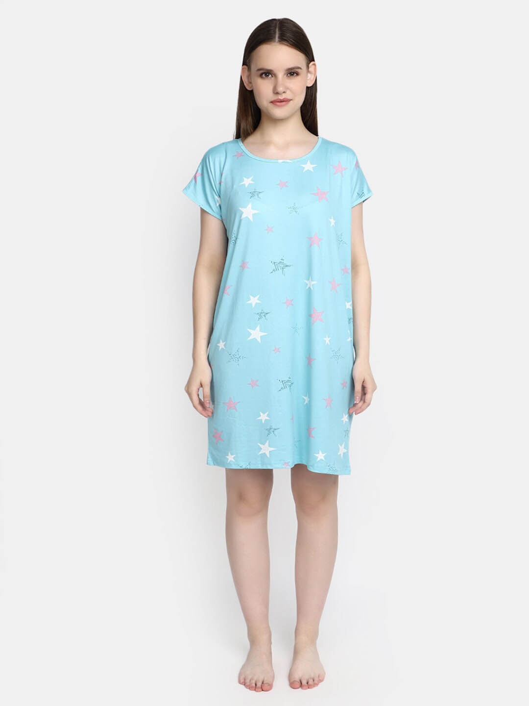 

V-Mart Geometric Printed Pure Cotton T-shirt Nightdress, Blue