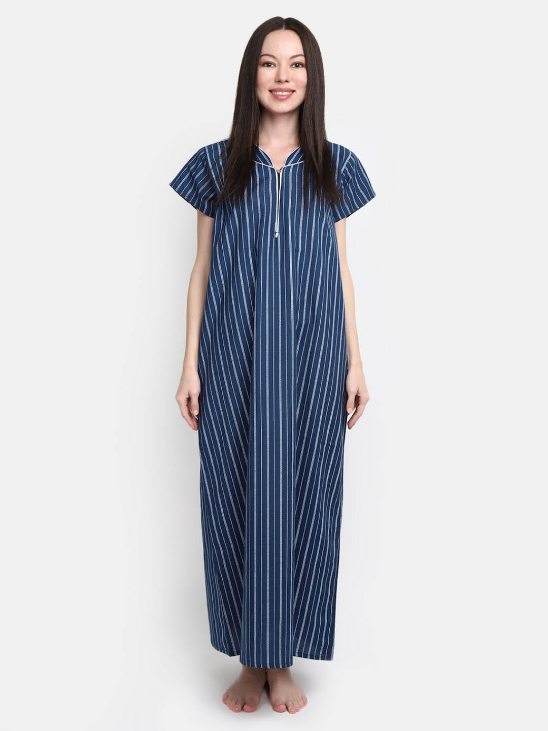 

V-Mart Striped Pure Cotton Maxi Nightdress, Blue