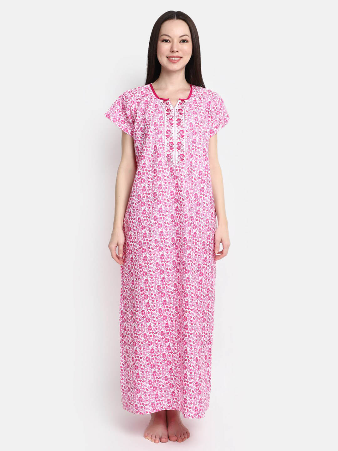 

V-Mart Floral Printed Pure Cotton Maxi Nightdress, Pink