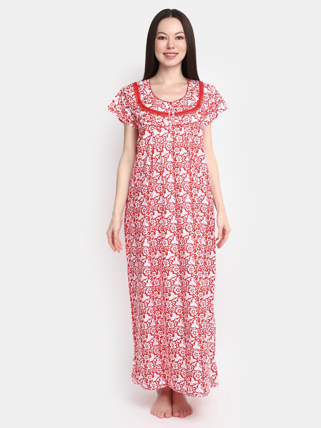 

V-Mart Floral Printed Short Sleeves Pure Cotton Maxi Nightdress, Red