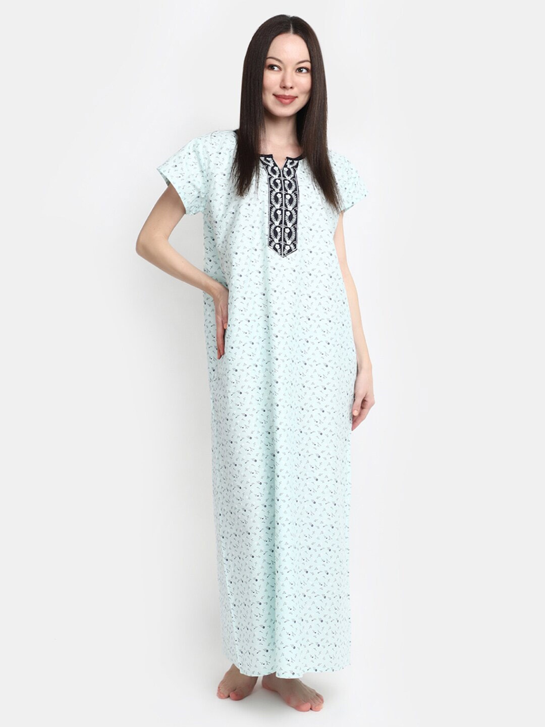 

V-Mart Floral Printed Notched Neck Short Sleeves Pure Cotton Maxi Nightdress, Green