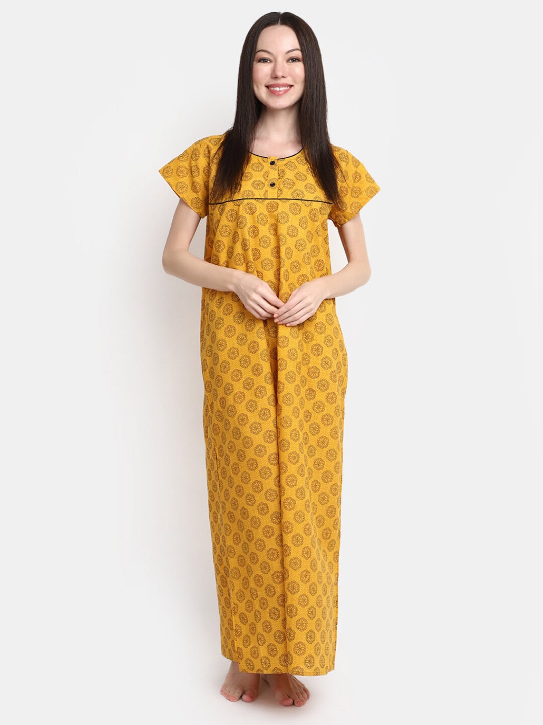 

V-Mart Floral Printed Short Sleeves Pure Cotton Maxi Nightdress, Mustard