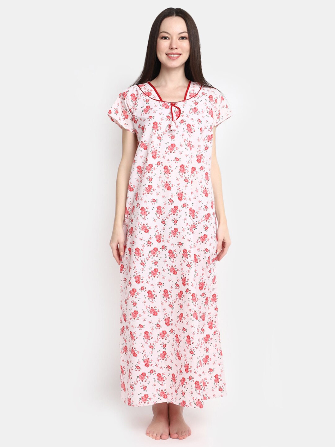 

V-Mart Floral Printed Short Sleeves Pure Cotton Maxi Nightdress, Pink