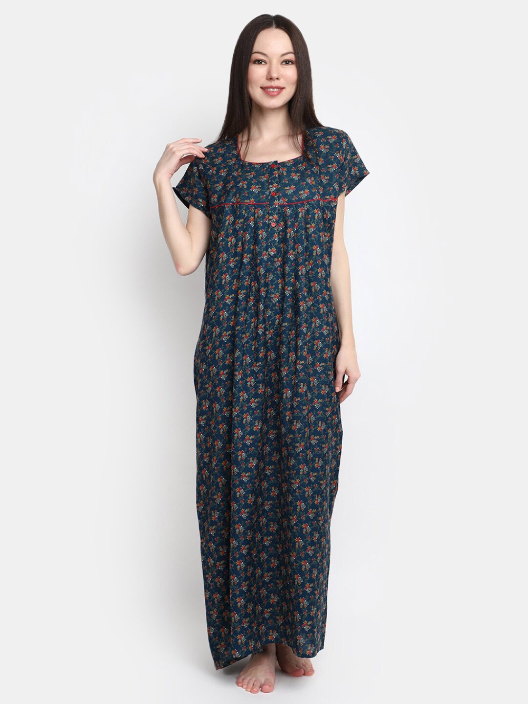 

V-Mart Floral Printed Square Neck Pure Cotton Maxi Nightdress, Blue