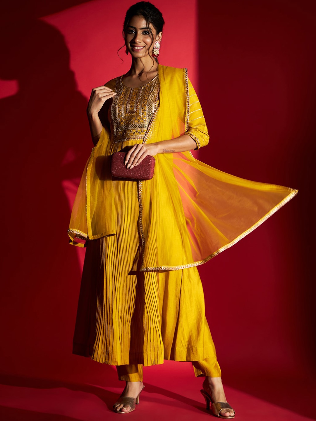 

KALINI Ethnic Motifs Embroidered Pleated Anarkali Kurta & Trousers With Dupatta, Yellow