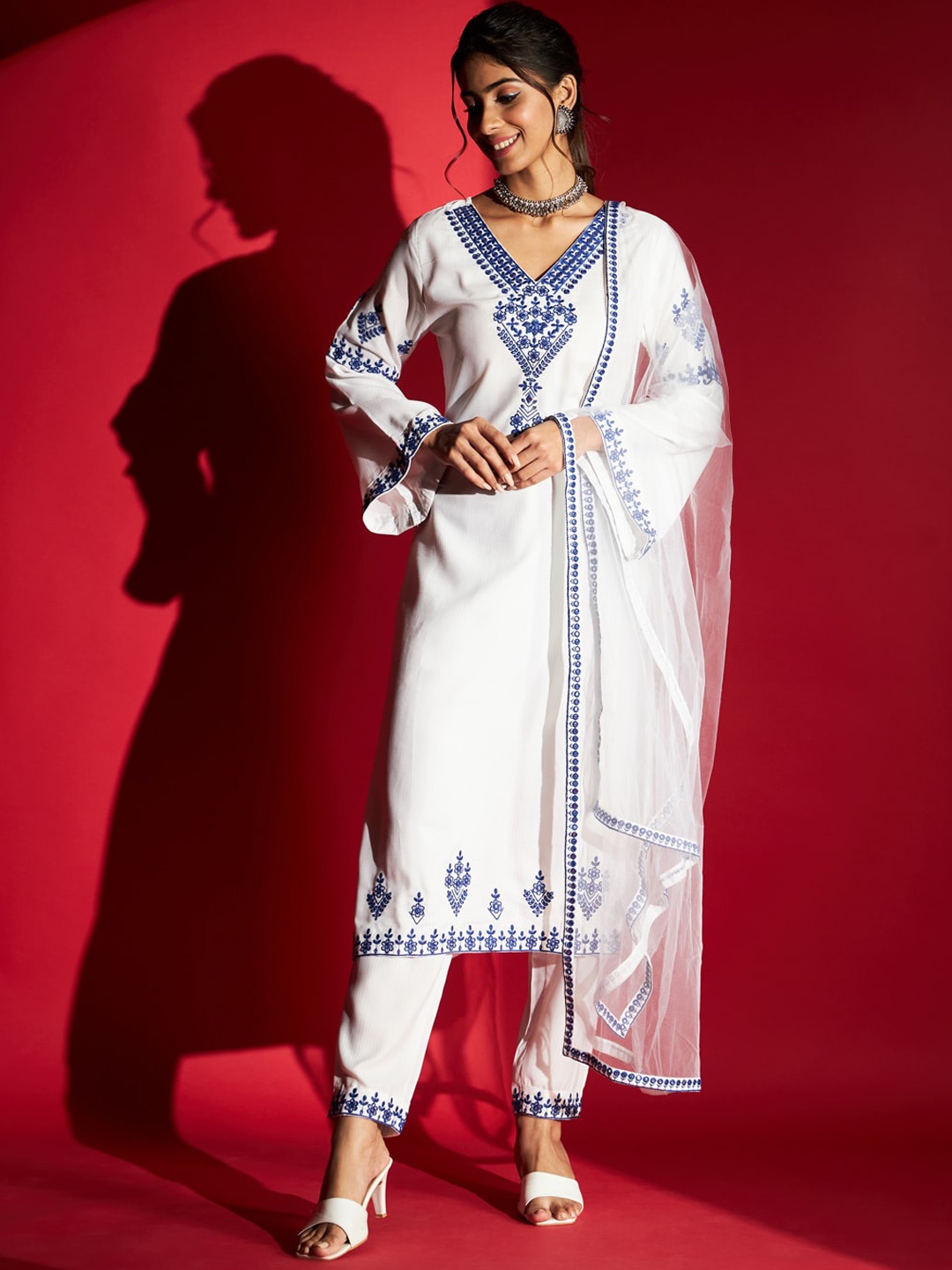

KALINI Floral Embroidered Kurta With Trousers & Dupatta, Blue