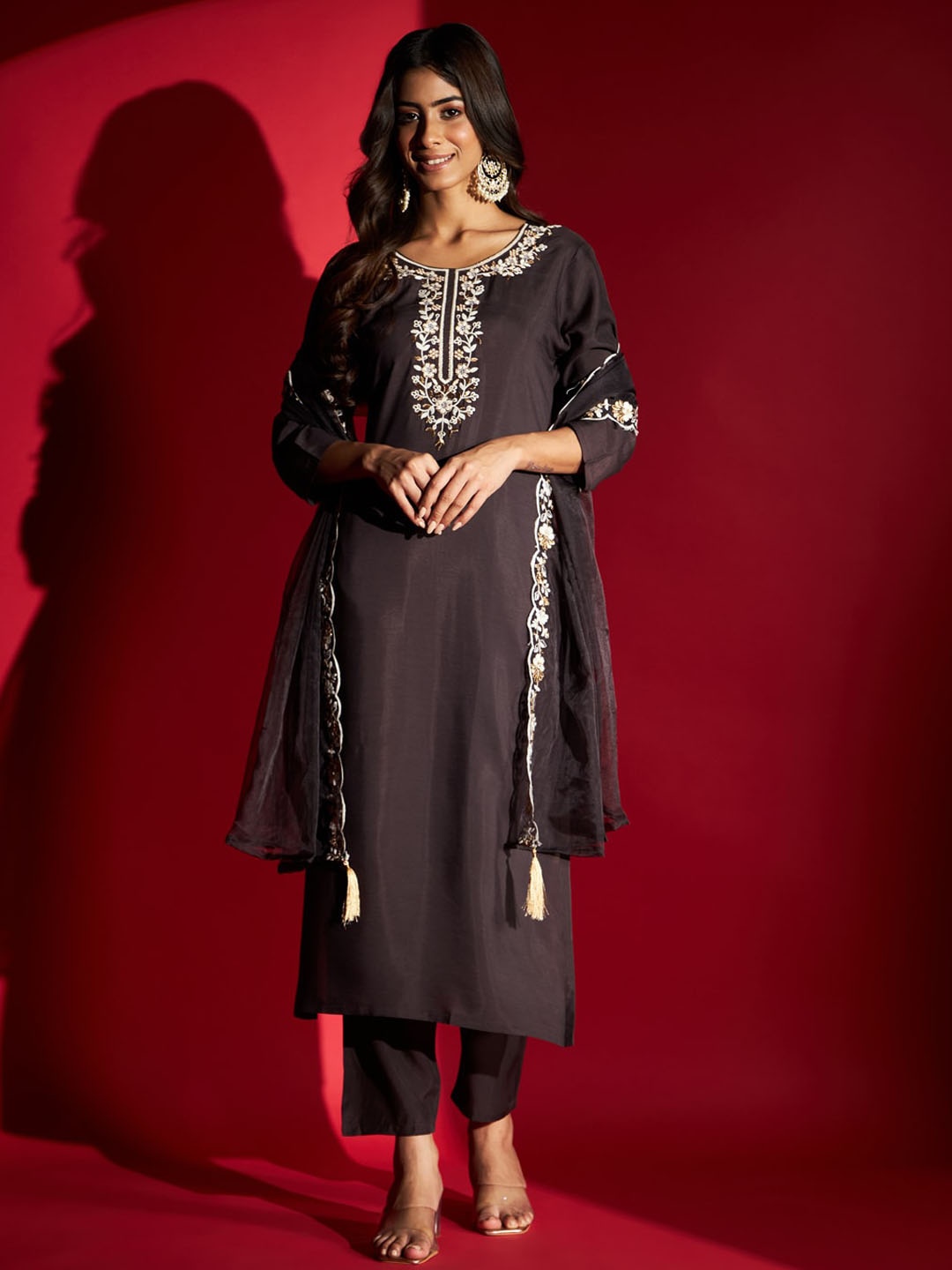 

KALINI Floral Embroidered Kurta With Trousers & Dupatta, Grey