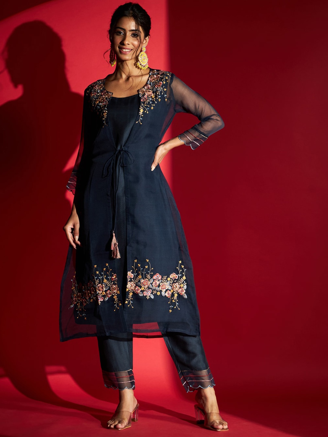 

KALINI Floral Embroidered Regular Kurta With Trousers, Blue