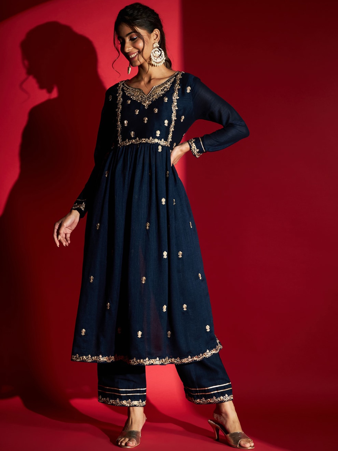 

KALINI Ethnic Motifs Embroidered A-line Kurta with Trousers, Navy blue
