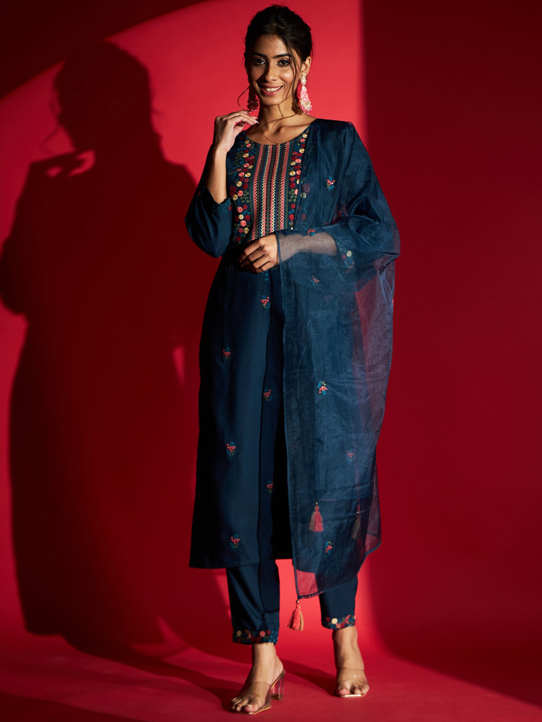 

KALINI Floral Embroidered Kurta & Trousers With Dupatta, Turquoise blue