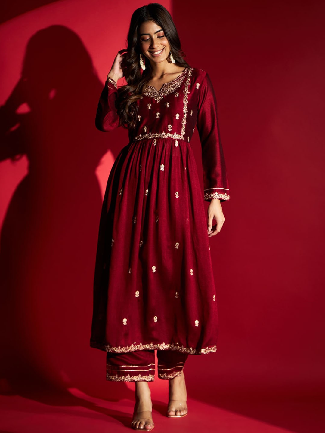 

KALINI Ethnic Motifs Embroidered Kurta with Trousers, Red