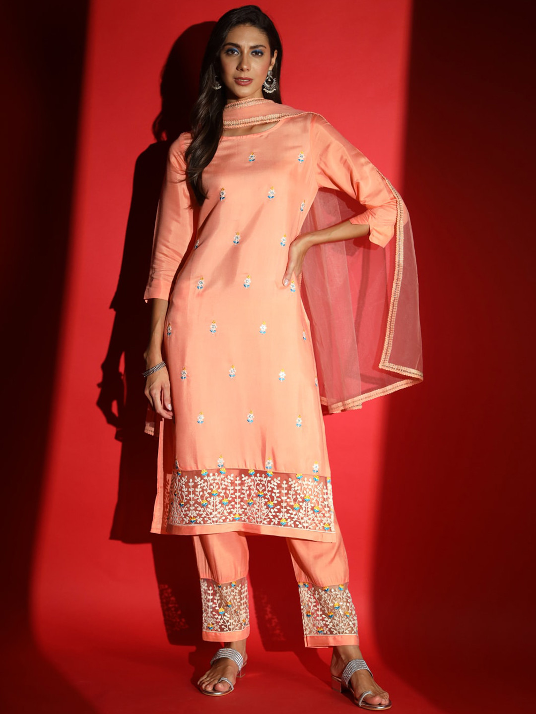 

KALINI Floral Embroidered Pure Cotton Kurta & Trousers With Dupatta, Peach