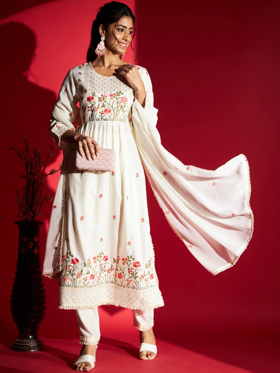 

KALINI Floral Embroidered A-Line Kurta & Trousers With Dupatta, Off white