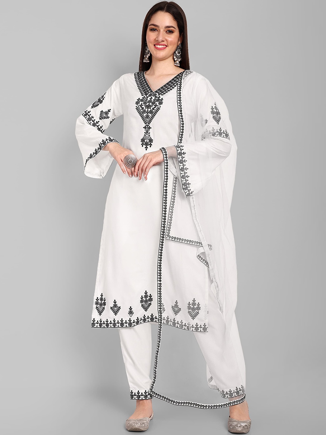 

KALINI Floral Embroidered V-neck Kurta with Trousers & With Dupatta, White