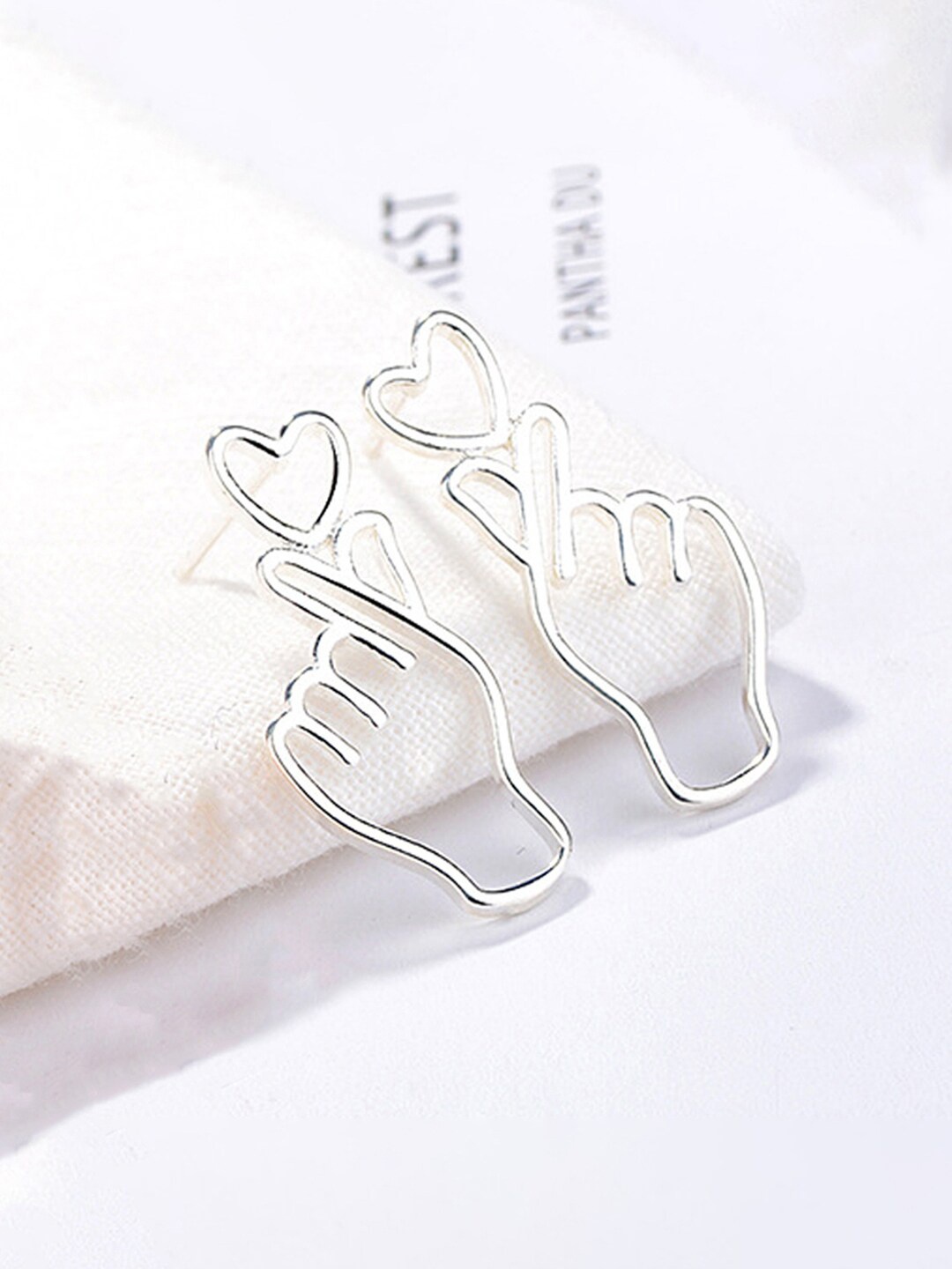 

Jewels Galaxy Silver-Plated Finger Heart Style Studs Earrings