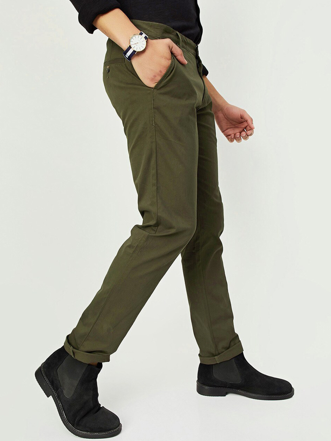 

max Regular Fit Mid-Rise Plain Cotton Regular Trousers, Green