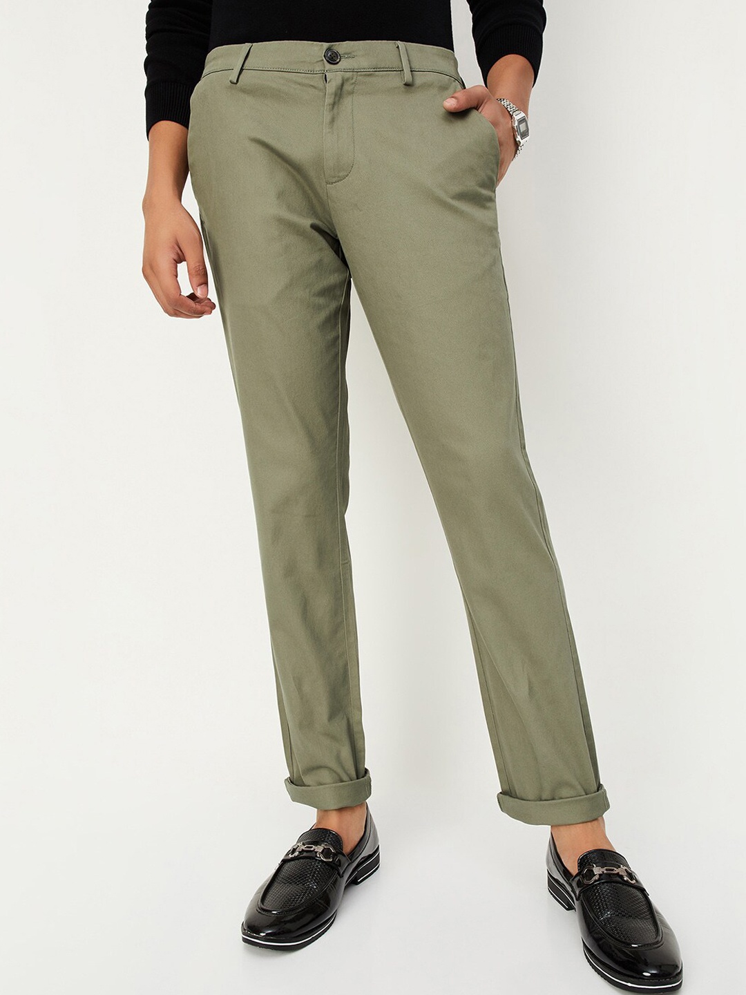 

max Men Mid-Rise Regular Fit Formal Trousers, Olive