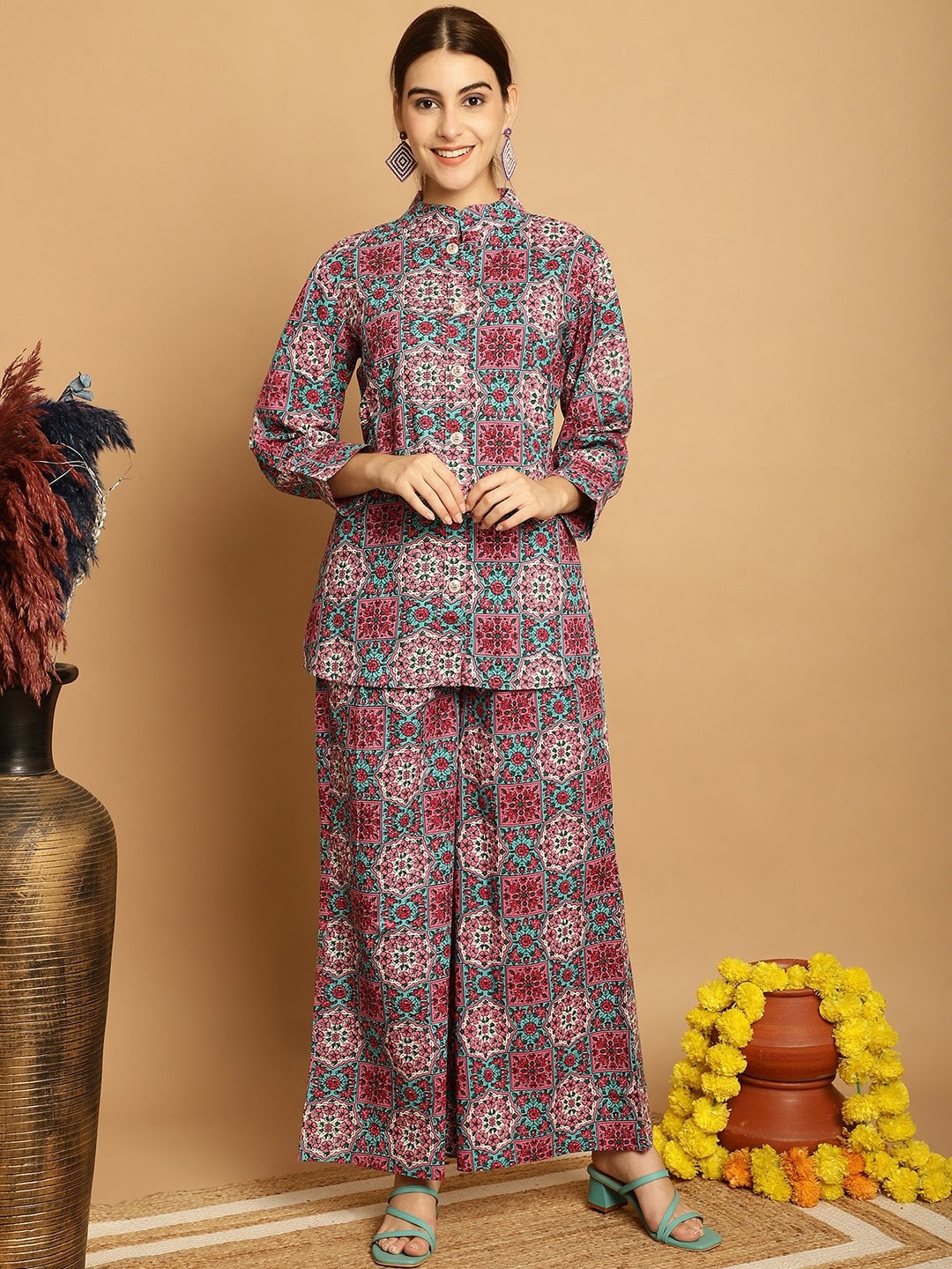 KALINI Floral Print Pure Cotton Shirt Style Top With Printed Palazzo, Pink