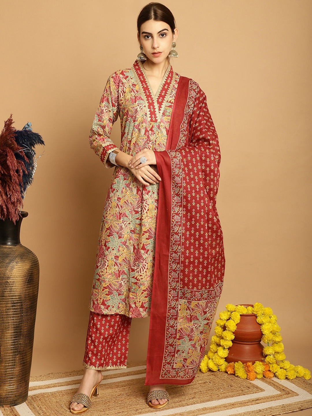 

KALINI Floral Printed Pure Cotton Kurta With Palazzos & Dupatta, Coral