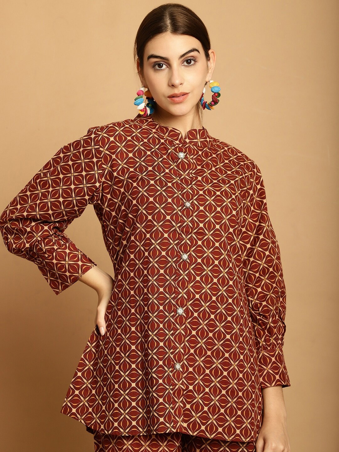 

KALINI Ethnic Motifs Printed Pure Cotton Shirt With Palazzos, Brown