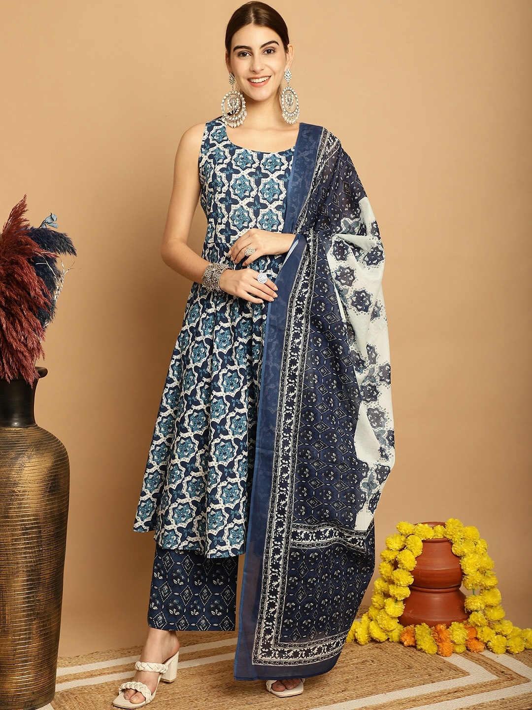 

KALINI Ethnic Motifs Printed Pure Cotton Kurta With Palazzos & Dupatta, Navy blue